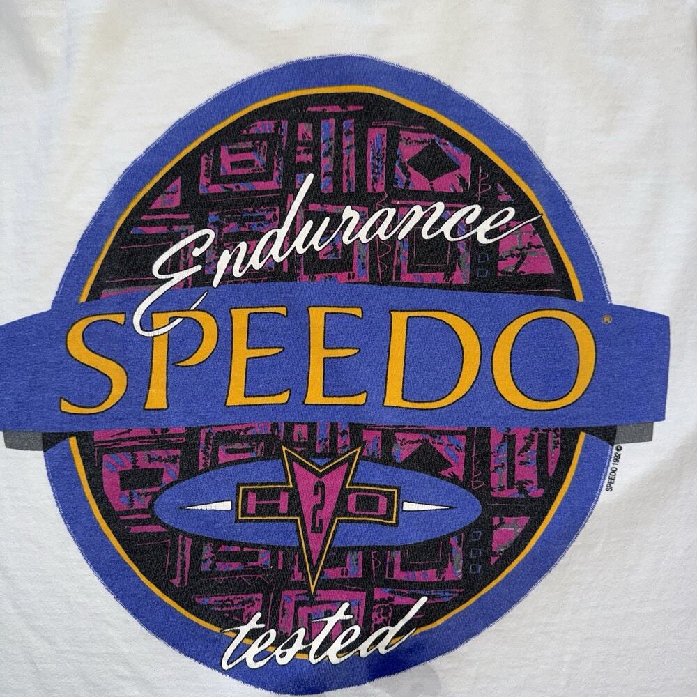 Vintage 1992 Speedo Men’s White Graphic Tee Shirt Surfer 90s Single Stitch Sz L